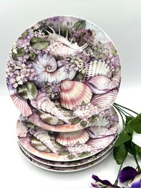 4 Greenbrier Plates. Lavender Seaside Pattern.